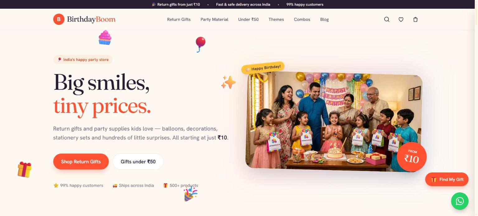 The Birthday Boom homepage: a hero reading Big smiles, tiny prices, with navigation for Return Gifts, Party Material, Under ₹50, Themes and Combos.